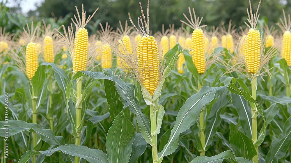 Obraz premium Bright yellow corn stalks growing in a summer farm field