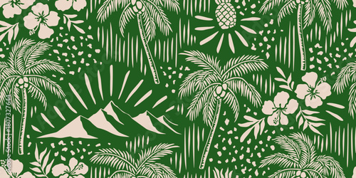 Tropical seamless pattern with hand drawn palm trees. Hawaiian florals summer background for fabric, textiles, clothing, poster, cover, decoration, banner, wallpaper, interior. Vector illustration.