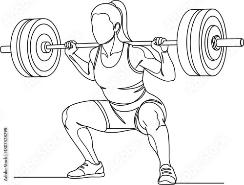 Powerful female athlete executing a barbell back squat, showcasing strength training and dedicated fitness performance.