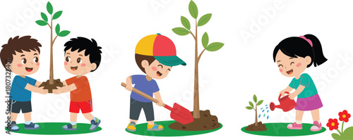 Cute children planting trees, watering plants, helping nature, environmental education illustration, kids gardening activity, eco-friendly learning, cartoon design