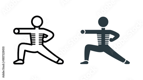 Iconic representation of a person performing a warrior yoga pose, depicted in outline and solid fill styles.