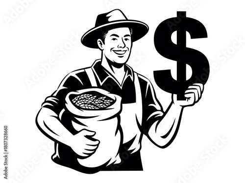 Farmer holding a sack of grain and a dollar sign symbolizes agricultural wealth.