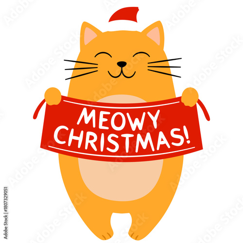Cute and happy Christmas fat cat with greeting poster. Charming illustration in flat cartoon style for greeting cards, season greetings, end other design.