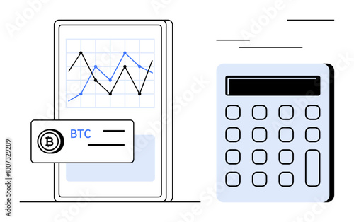 Mobile screen showing a cryptocurrency chart with rising trends and BTC data, paired with a calculator. Ideal for finance, trading, cryptocurrency, data analysis, investment, fintech, and economics
