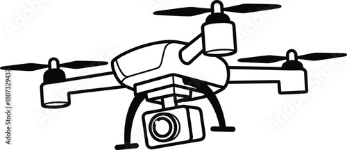 Black and white quadcopter drone with camera line art vector illustration, aerial photography technology icon, isolated surveillance equipment for design on white background