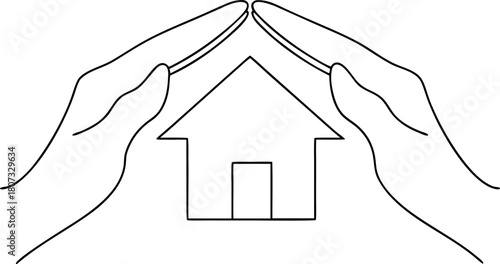 Protecting home with hands concept line art