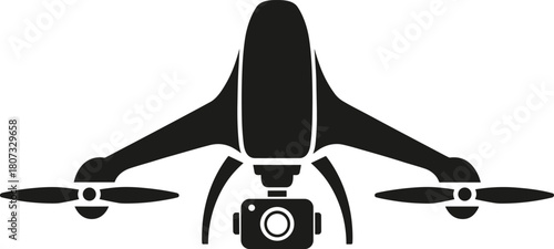 Black silhouette vector icon of a quadcopter drone with camera, isolated aerial surveillance technology illustration for graphic design on white background