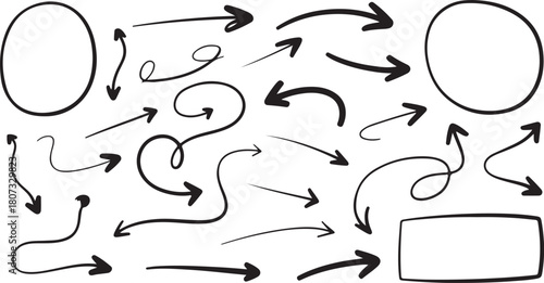 Collection of black handdrawn arrows and circles pointing in various directions creates a dynamic composition