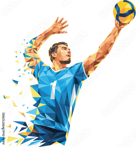 Geometric low poly volleyball player spiking the ball, vector illustration of male athlete with abstract dispersion effect, isolated on white background.