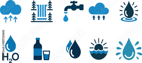 Water cycle, resource, and conservation icon set. h2o concepts.