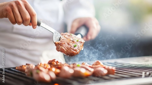 Fototapeta Naklejka Na Ścianę i Meble -  Chef grilling juicy steak on a barbecue, grilling , BBQ
