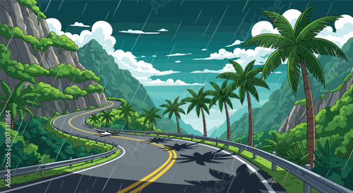Rainy tropical landscape vector illustration of winding highway road with green mountains and palm trees