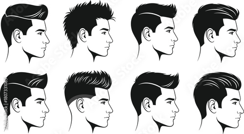 Set of men hairstyle silhouettes side view featuring modern haircuts like undercut and fade for barber shop