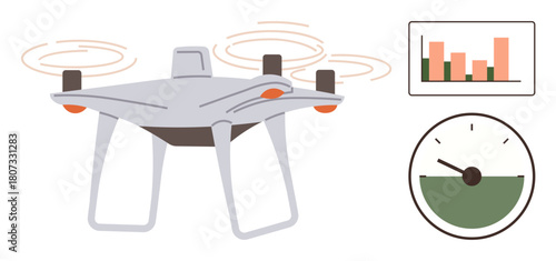 quadcopter flying, surrounded by spinning propellers, with bar chart and speedometer indicating performance data. Ideal for technology, innovation, strategy, analysis, logistics, creativity