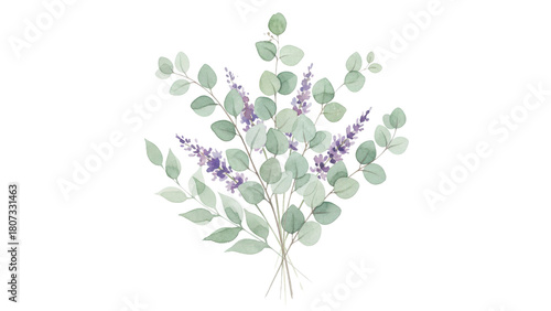Serene Floral Arrangement: A delicate arrangement of lavender and eucalyptus leaves, captured from above, evokes the gentle touch of nature and the artistry of floristry. 