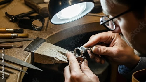 Skilled Jeweler Meticulously Crafts Intricate Ring Under Magnifying Lamp.