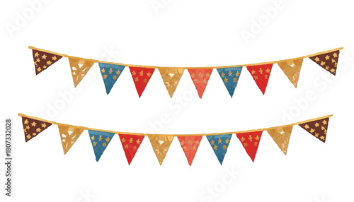 Watercolor festive bunting garland with colorful triangular flags, a playful decoration for a birthday celebration