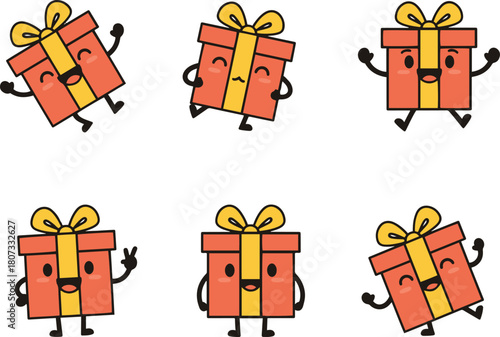 A set of six cute, anthropomorphic gift box characters in red with yellow ribbon, showing different poses and expressions like happy, sad, and playful.