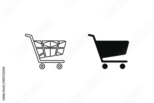 Shopping cart icon set, line and solid style, depicting a trolley for online purchasing isolated on