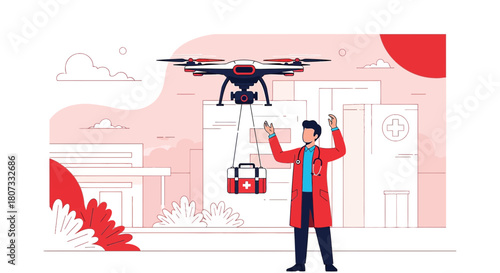 Modern healthcare illustration: A doctor overseeing drone delivery of medical supplies near the