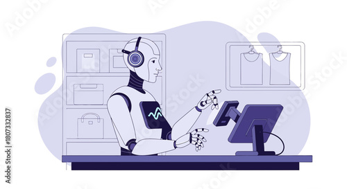 Modern retail illustration featuring automated service with a humanoid robot cashier system