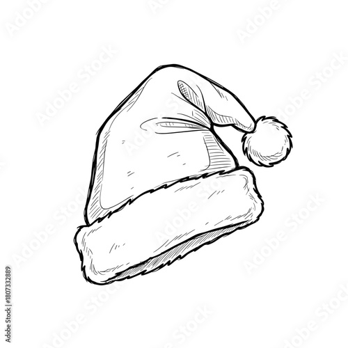 Sketch illustration of a Santa Claus hat with a fluffy brim and pom pom