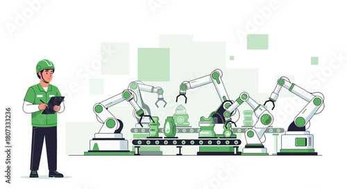 Precision and Oversight: A Worker Monitors Robotic Arms in Advanced Manufacturing Facility
