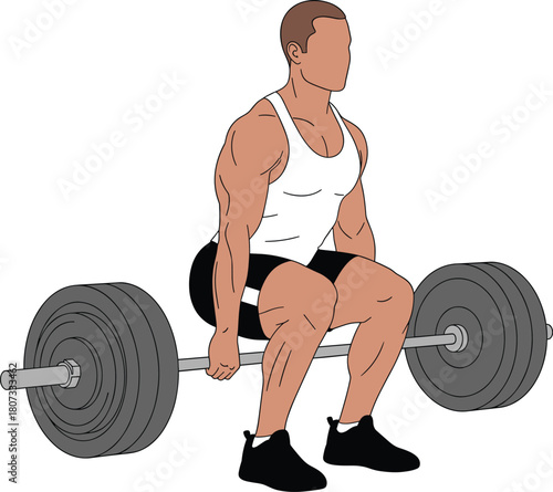Muscular man preparing for a heavy barbell deadlift, demonstrating proper form for strength training and powerlifting.