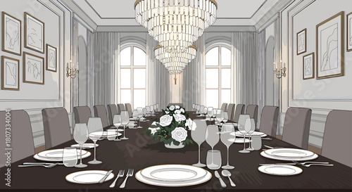 Elegant Formal Dining Room With A Long Table Set For A Grand Feast, Chandelier And Windows