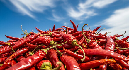 Crédence de cuisine  Bright red dried chili peppers under blue sky showing spicy flavor and natural food texture  © Obak Murad