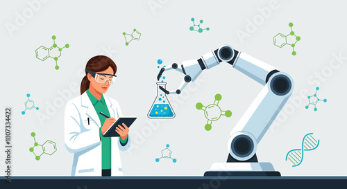 Scientist and Robotic Arm Conduct Chemical Research in a Modern Laboratory setting