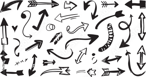 Collection of handdrawn black arrow vectors pointing different directions indicates movement on a transparent background
