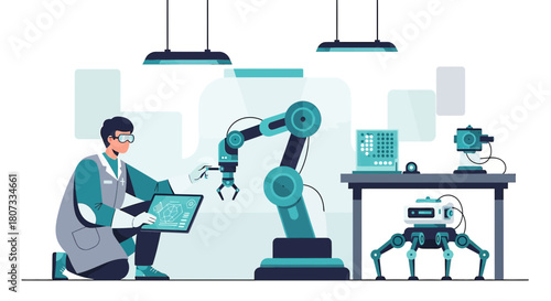 Scientist innovating with robotic arms and ai, creating future technologies in the laboratory