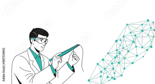 Scientist manipulating fiber optic thread and connected digital network illustration