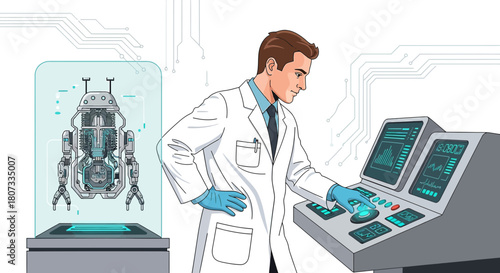 Scientist operating futuristic control panel in a lab with a robot prototype for technological
