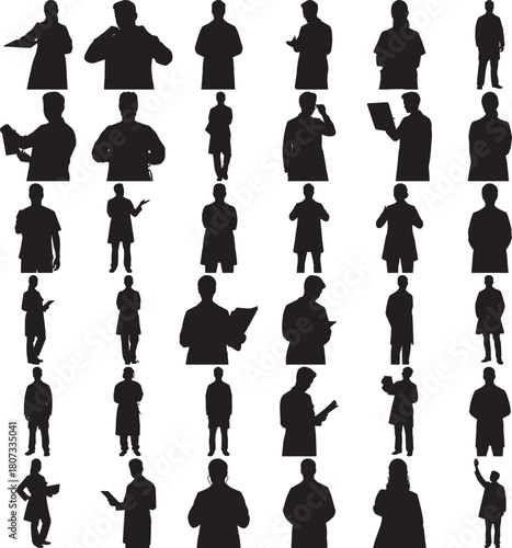 Hand made Doctor Silhouette Set of doctor silhouette vectors medical staff in various poses flat design illustration isolated on white background