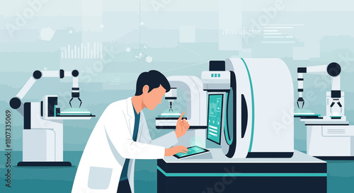 Scientist operating robotic arms and advanced equipment in a modern laboratory setting