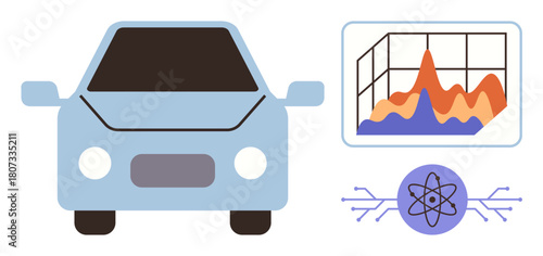 Blue car beside a data graph and atomic icon with circuit lines denoting advanced technology, AI, analytics, and automation. Ideal for AI, innovation, data analysis, technology, transportation