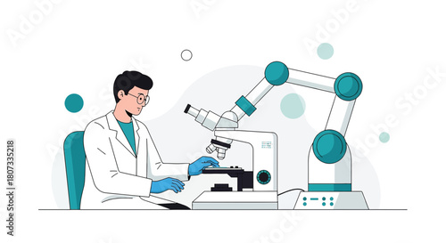 Scientist using microscope alongside automated robotic arm for research and development in