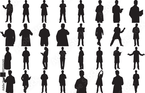 Hand made Doctor Silhouette Set of diverse people silhouettes various poses and professions in black vector illustration isolated on white background for design elements