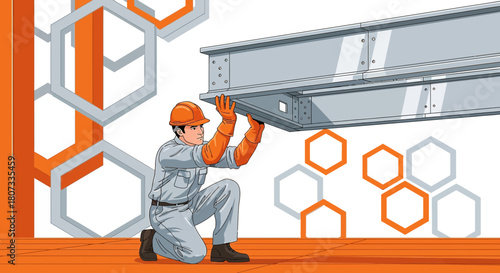 Structural ironworker in a helmet inspecting and installing steel beams at a construction site