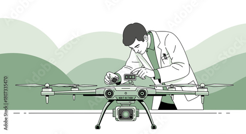 Technician carefully calibrating high-tech drone for advanced surveillance and data collection