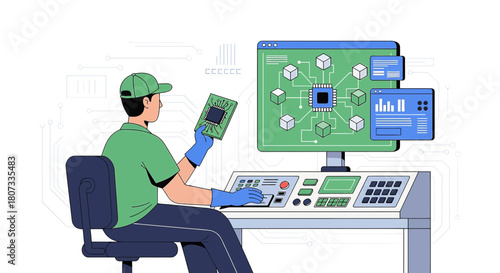 Technician analyzing a microchip at advanced workstation for futuristic technological design