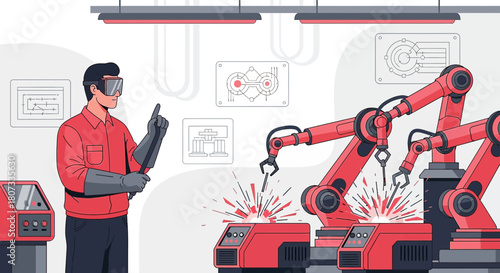 Technician overseeing robotic welding assembly line in advanced manufacturing facility vision of