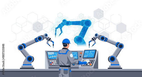Technological advancement showcase: Man overseeing automated robotic system in factory setting