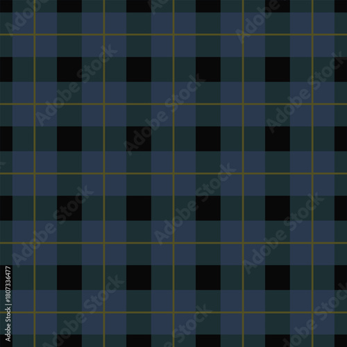 tartan-style plaid seamless pattern design containing dark green, dark navy blue, and thin olive-yellow lines