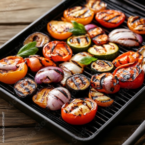 Grilled Vegetables Tray Tomatoes, Zucchini and Onions on Wood, healthy food , vegan food
