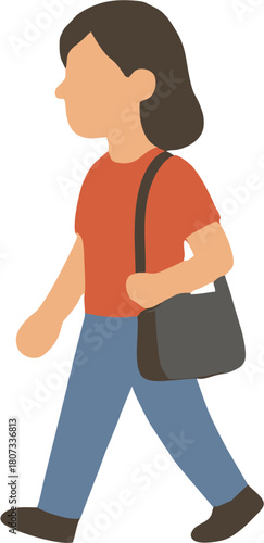 Flat vector illustration of a person walking forward with a shoulder bag, symbolizing everyday activities, urban movement, or student life, designed for modern graphic and UI use