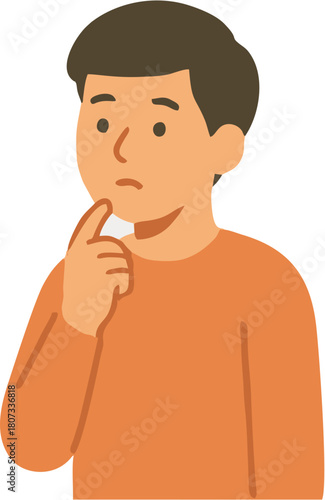 Cartoon depiction of a young man deeply engrossed in a concept, contemplating an idea or decision with a thoughtful and uncertain expression, reflecting on potential solutions
