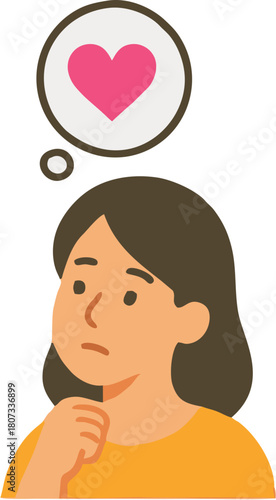Woman Thinks of Love Icon of Heart in Bubble Thought